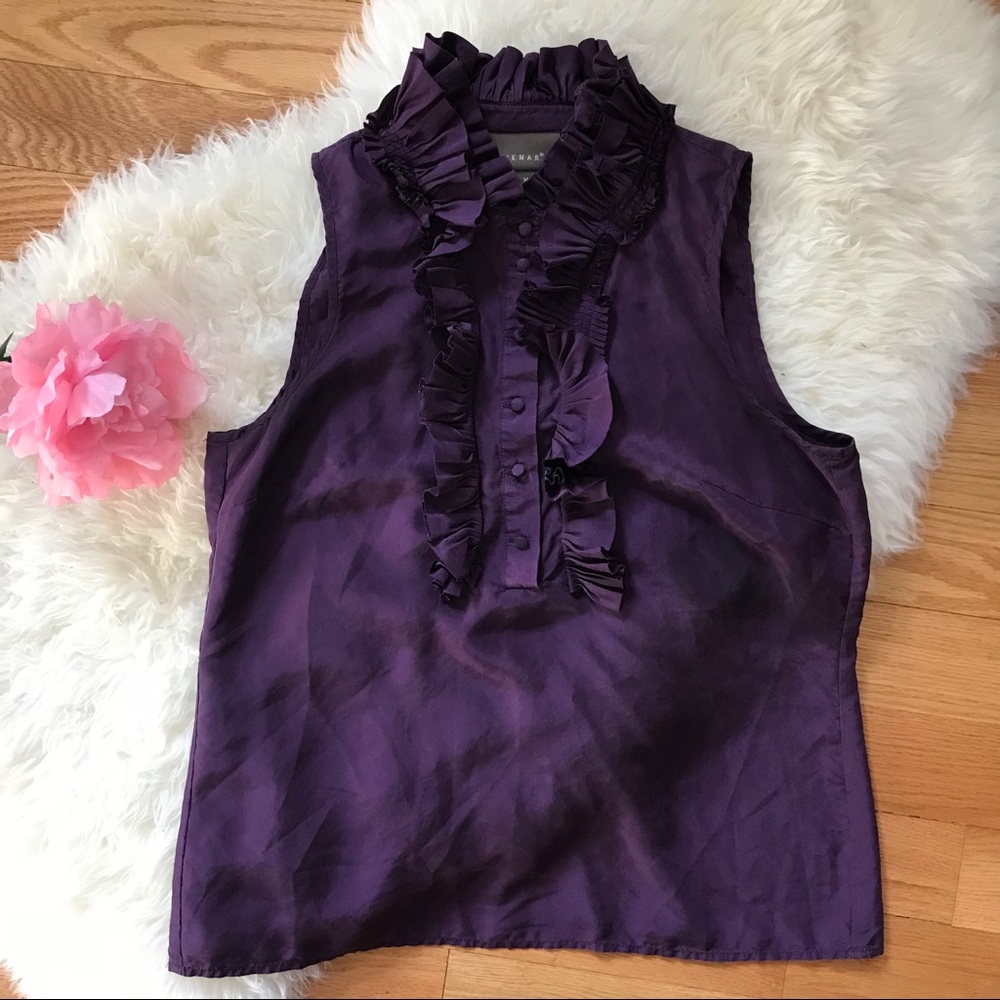 Kenar purple sleeveless ruffled collar silk blouse